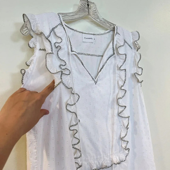 FLANNEL White Cotton Ruffled Tassle Tie Bohemian Cottagecore Designer Mini Dress - Picture 6 of 9